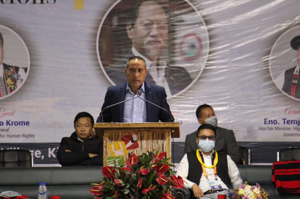 Advisor Medo Yhokha addressing the 29th biennial general   conference of the Angami Students’ Union at Naga Heritage Village, Kisama on April 23. (Morung Photo)